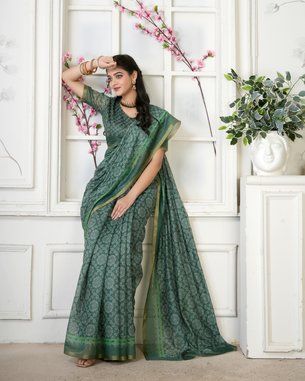 Bottle Green Intricate Bandhani Jaal Saree