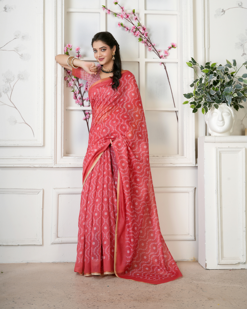 Coral Rose Delicate Floral Vine Saree