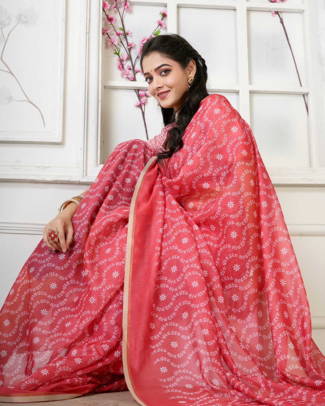 Coral Rose Delicate Floral Vine Saree