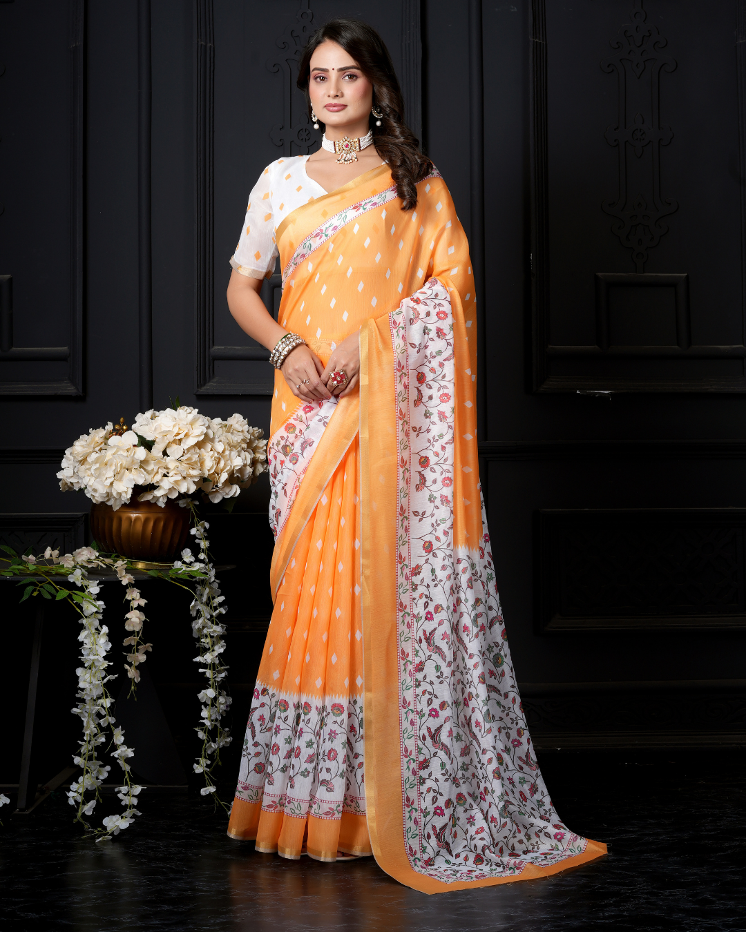 Mango Yellow Kalamkari Floral Trail Saree