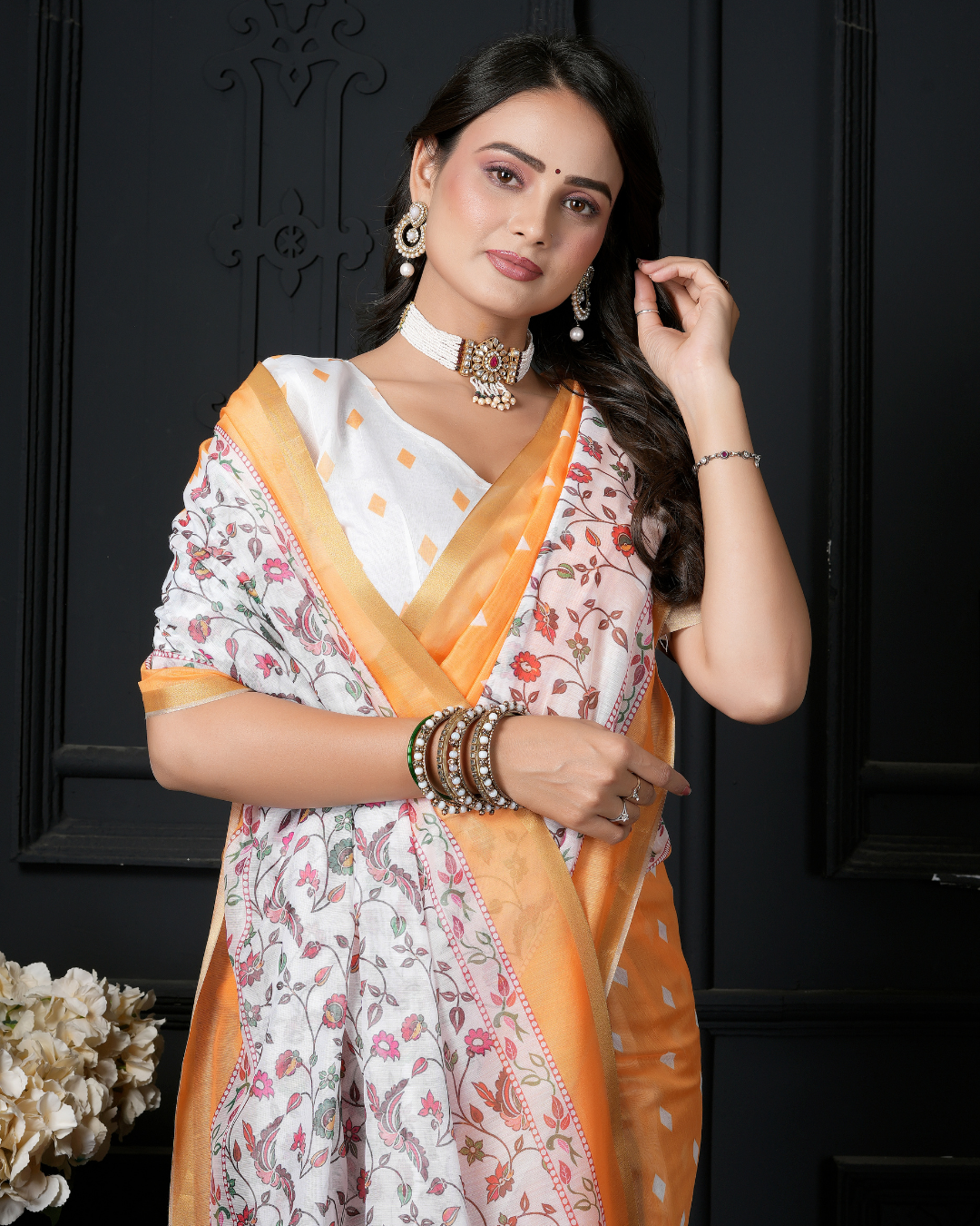 Mango Yellow Kalamkari Floral Trail Saree