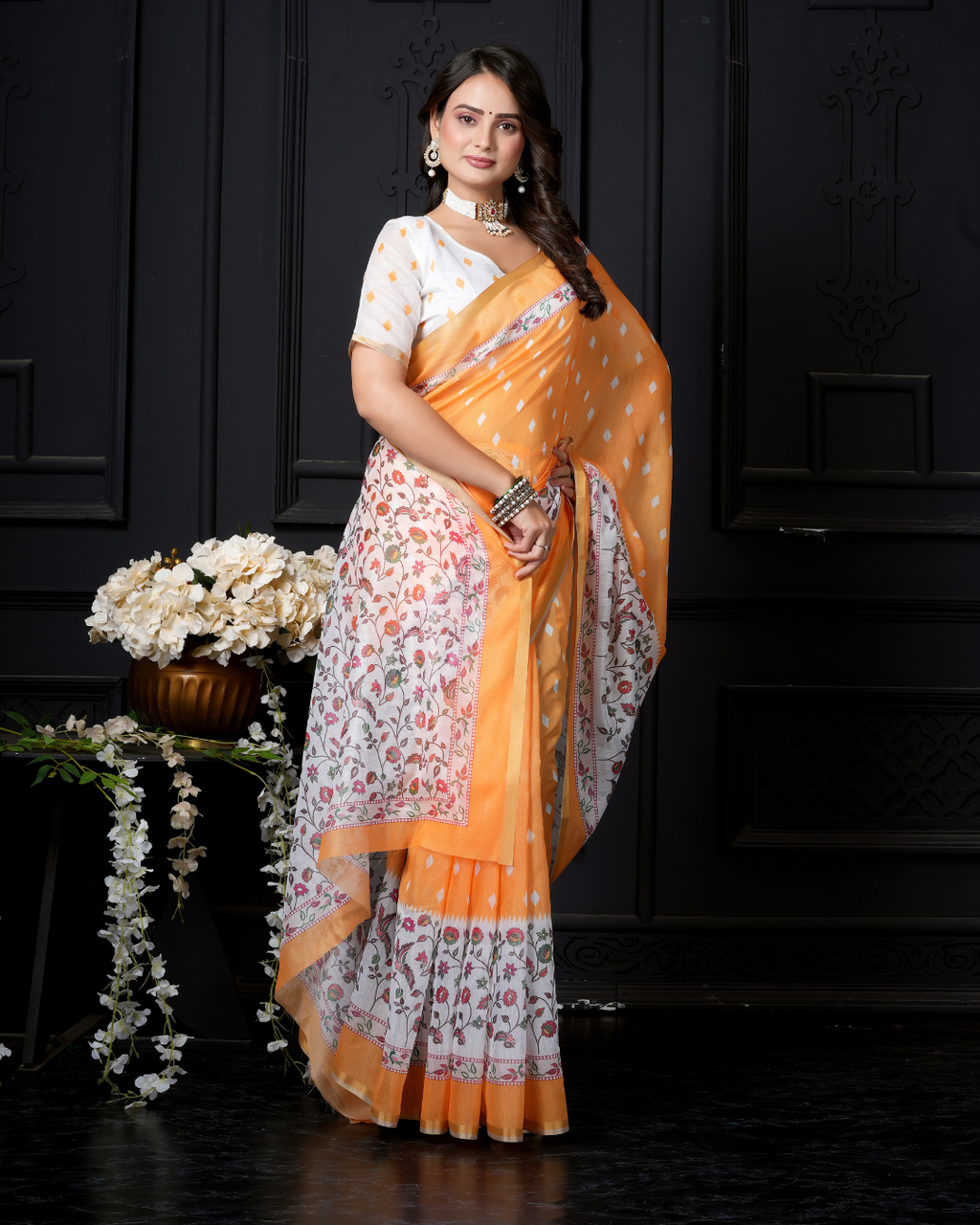Mango Yellow Kalamkari Floral Trail Saree
