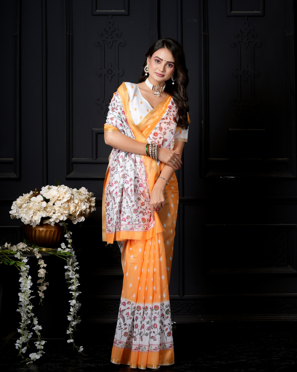 Mango Yellow Kalamkari Floral Trail Saree