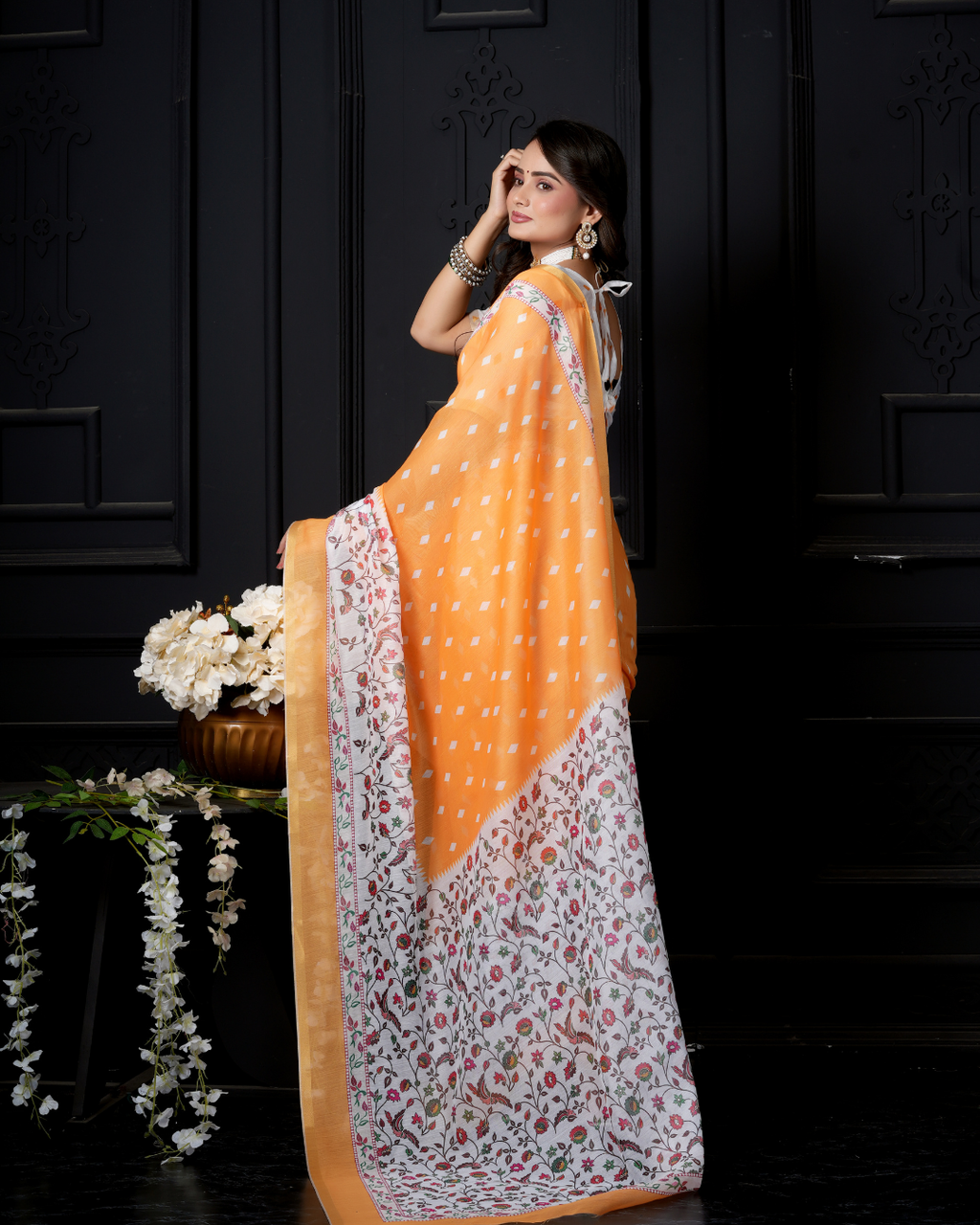 Mango Yellow Kalamkari Floral Trail Saree