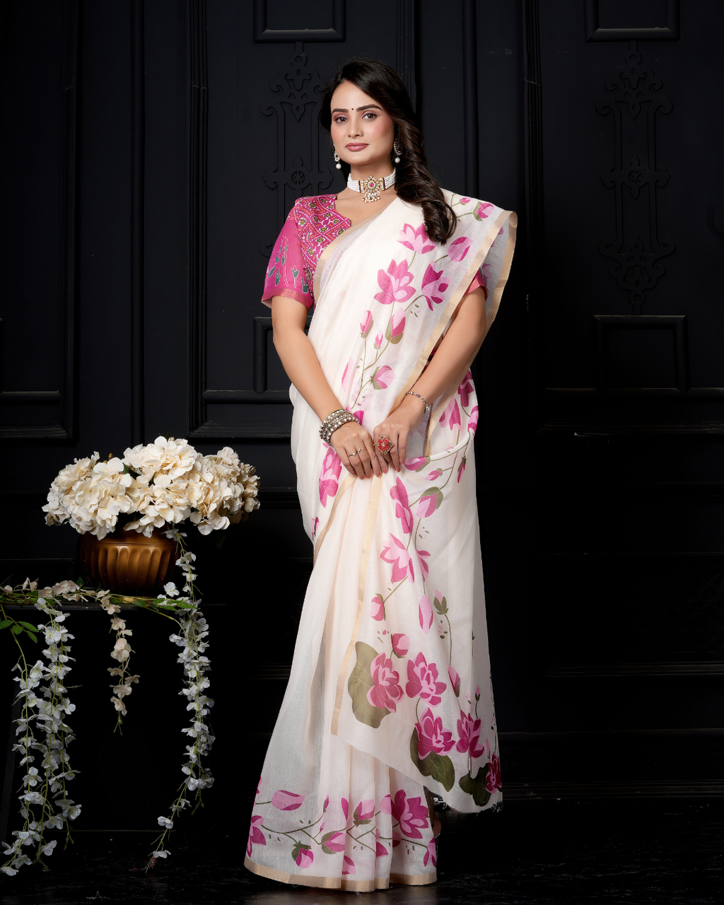 Ivory White Pichwai Lotus Garden Saree