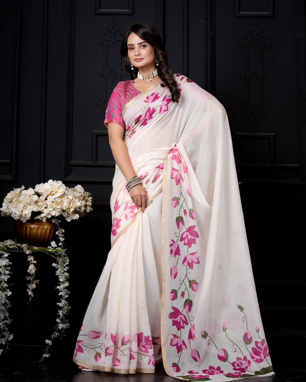 Ivory White Pichwai Lotus Garden Saree