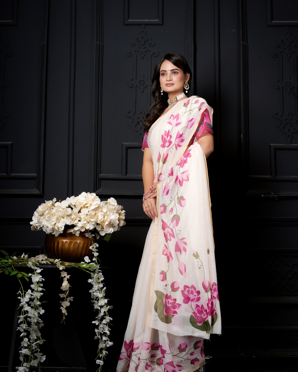 Ivory White Pichwai Lotus Garden Saree