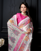 Ivory White Paisley Arch Heritage Saree
