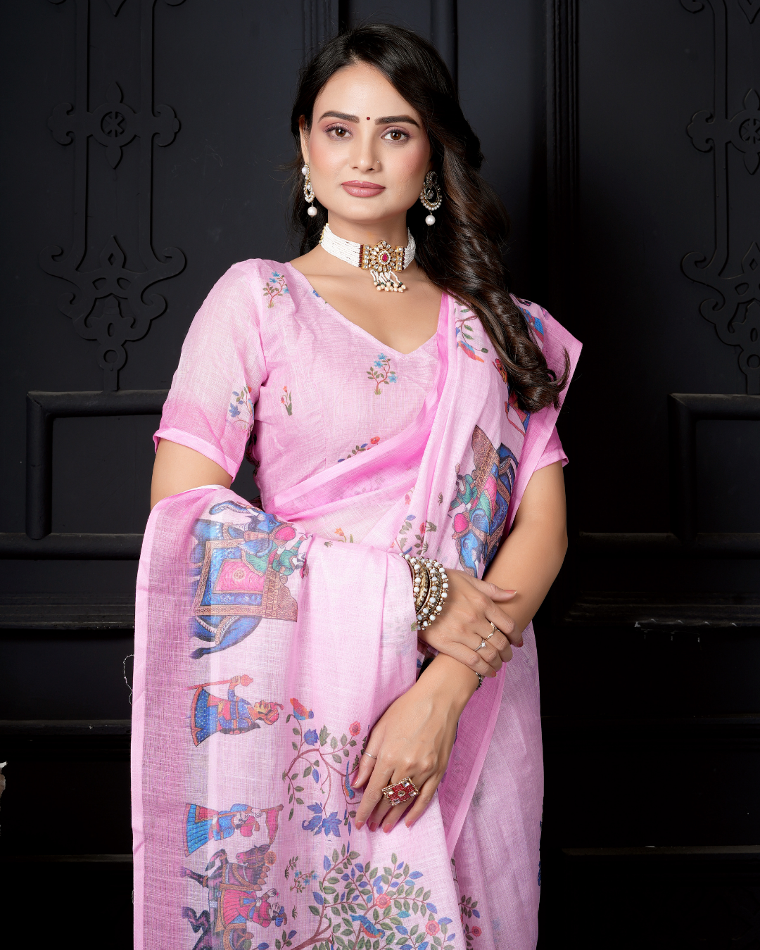 Baby Pink Folk Elephant Tree Saree