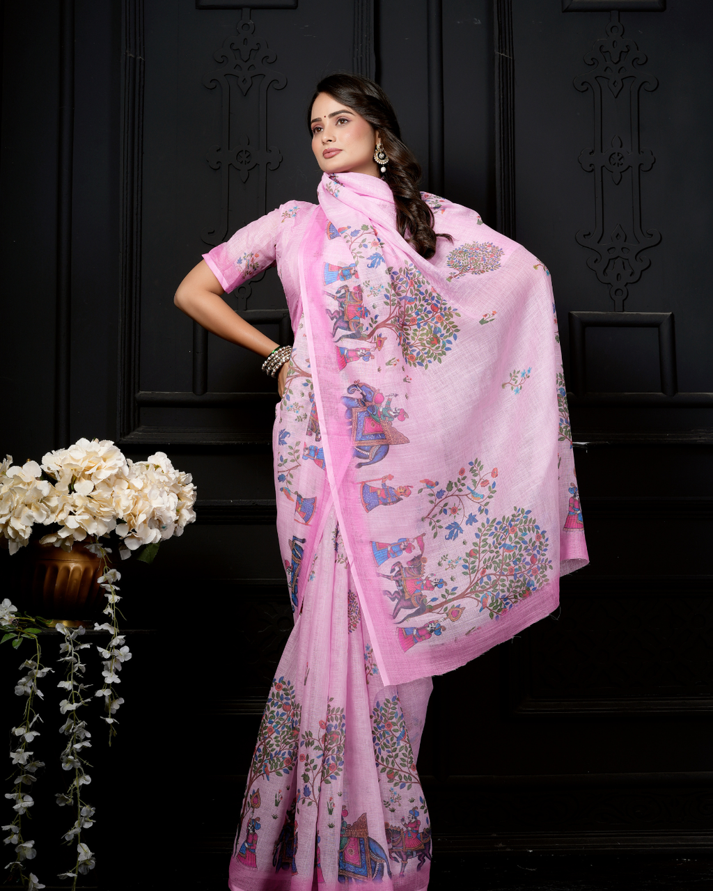 Baby Pink Folk Elephant Tree Saree