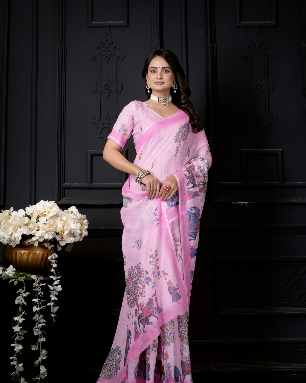 Baby Pink Folk Elephant Tree Saree