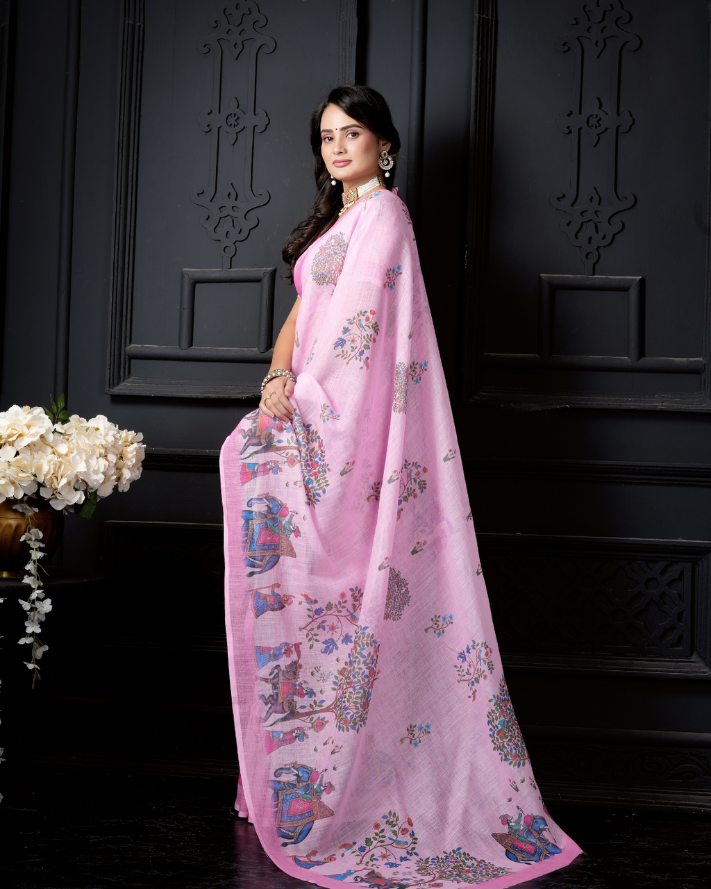 Baby Pink Folk Elephant Tree Saree