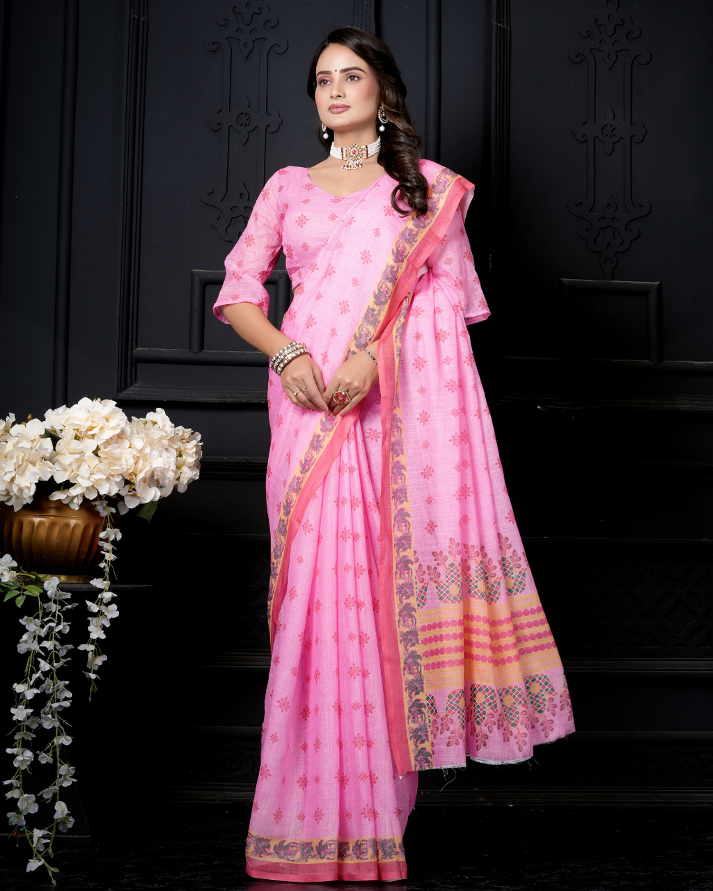 Candy Pink Traditional Booti Saree