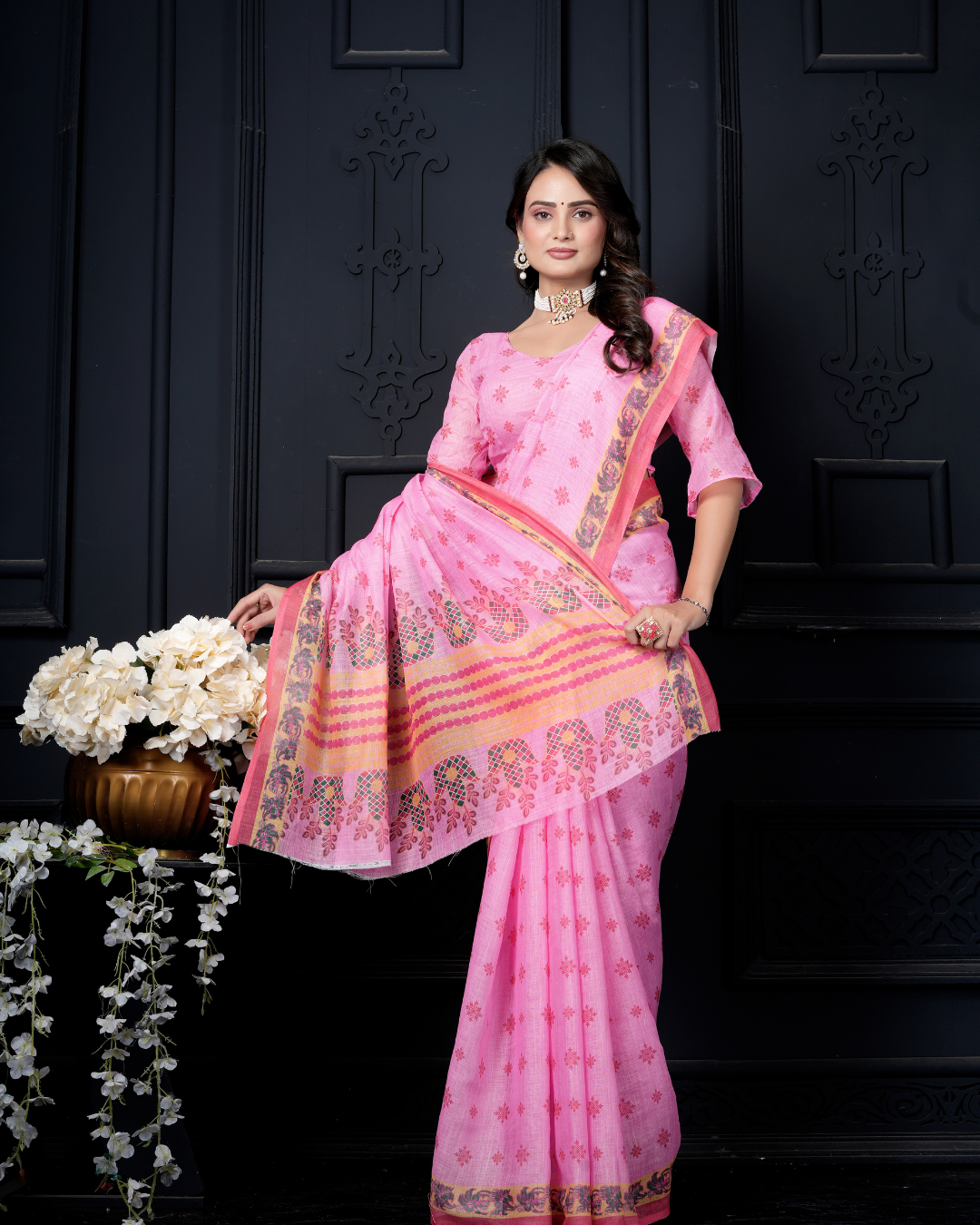 Candy Pink Traditional Booti Saree