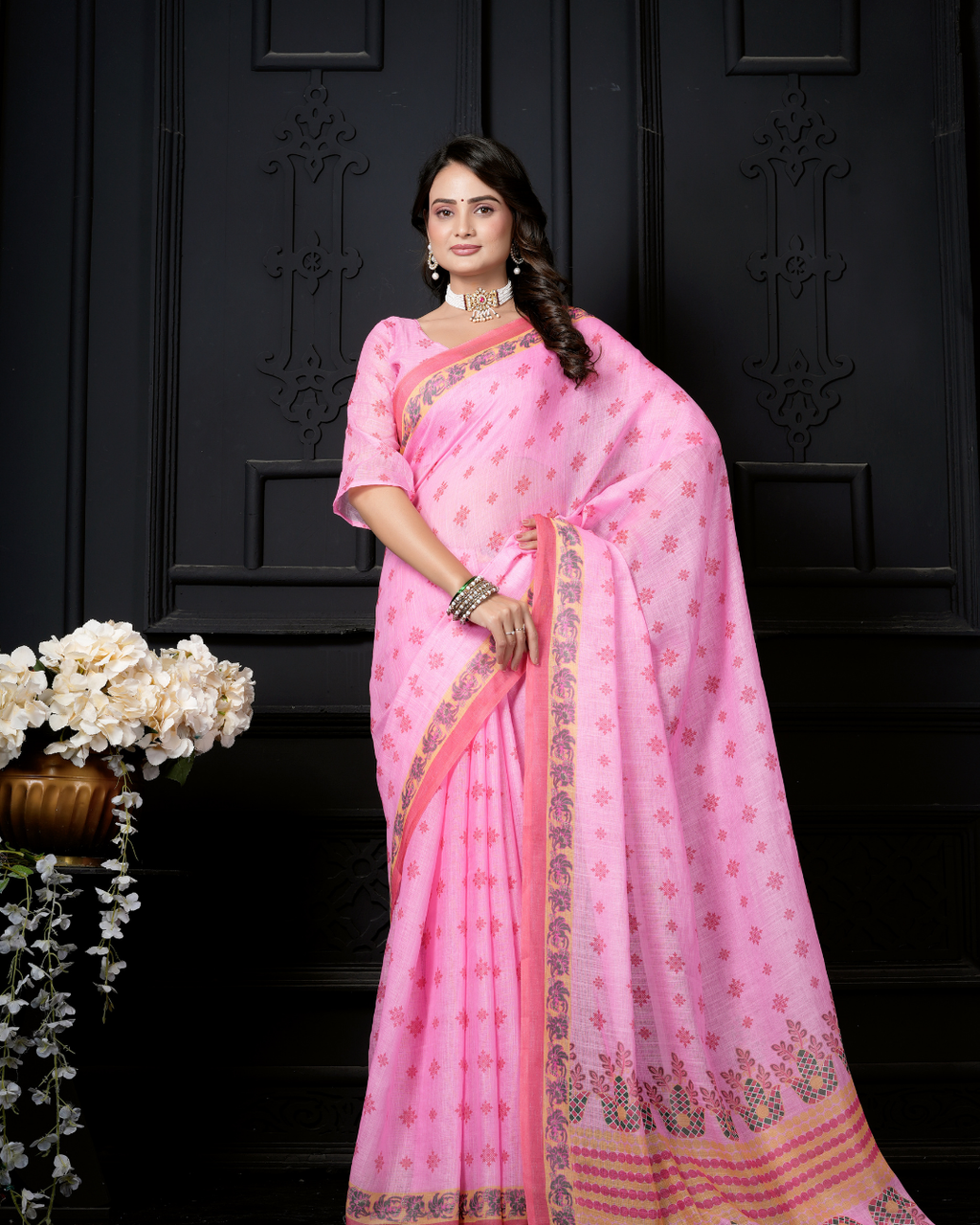 Candy Pink Traditional Booti Saree