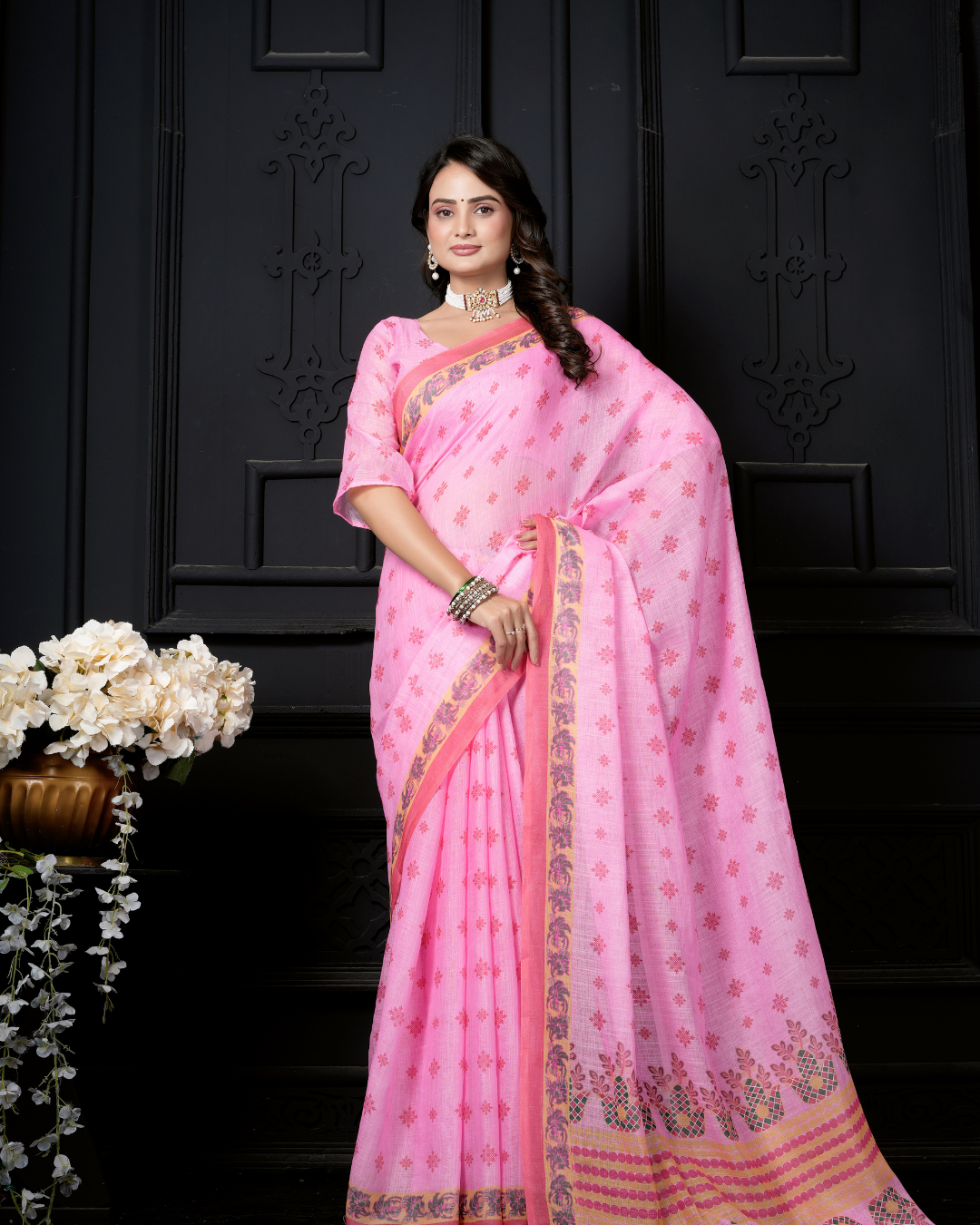 Candy Pink Traditional Booti Saree