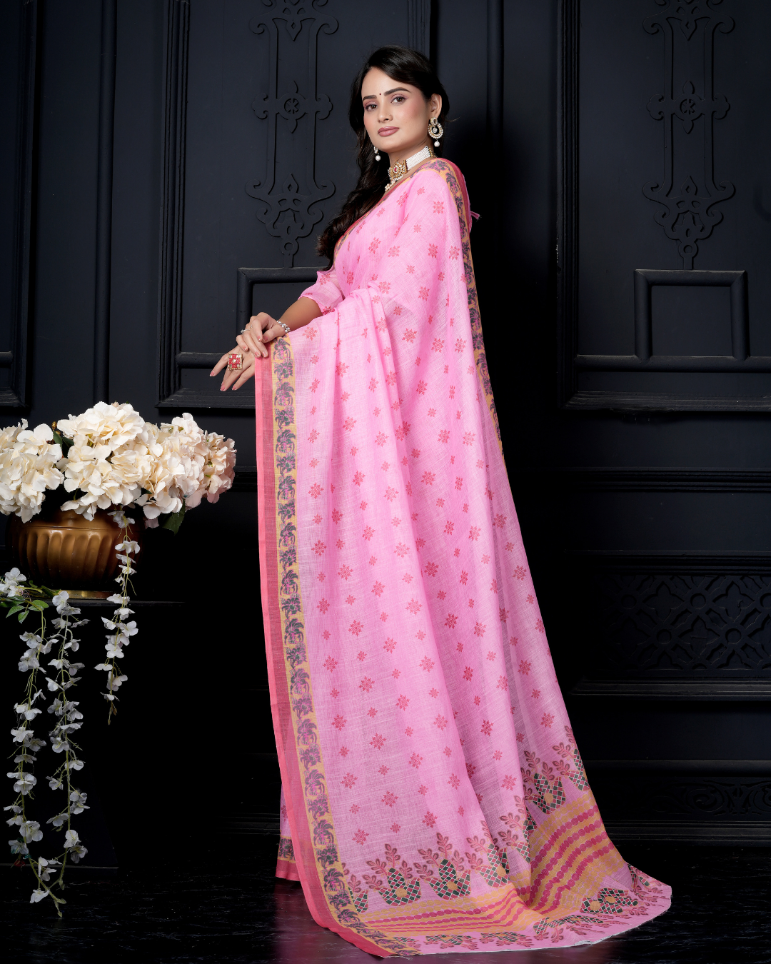 Candy Pink Traditional Booti Saree