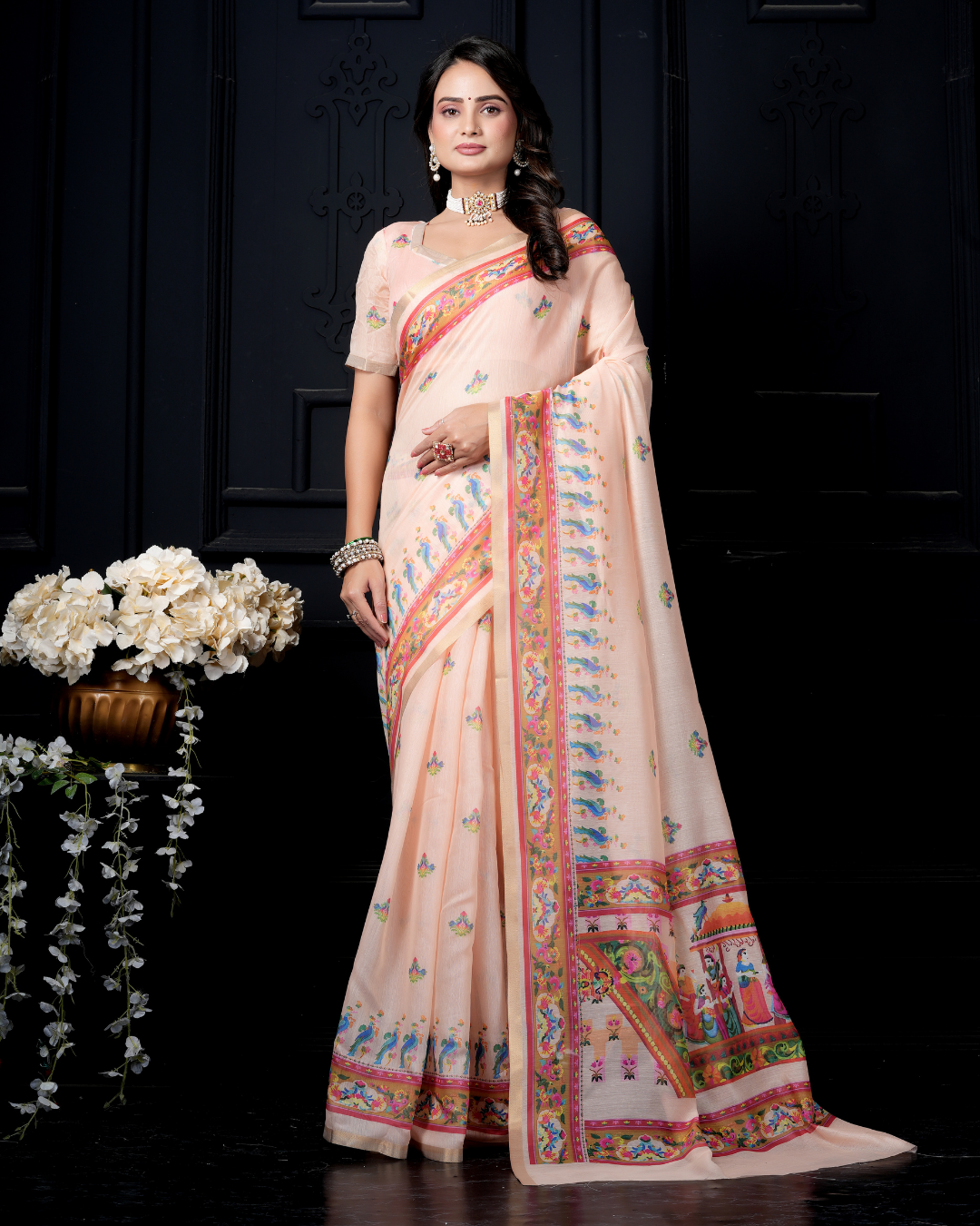 Pastel Peach Pichwai Shrinathji Saree