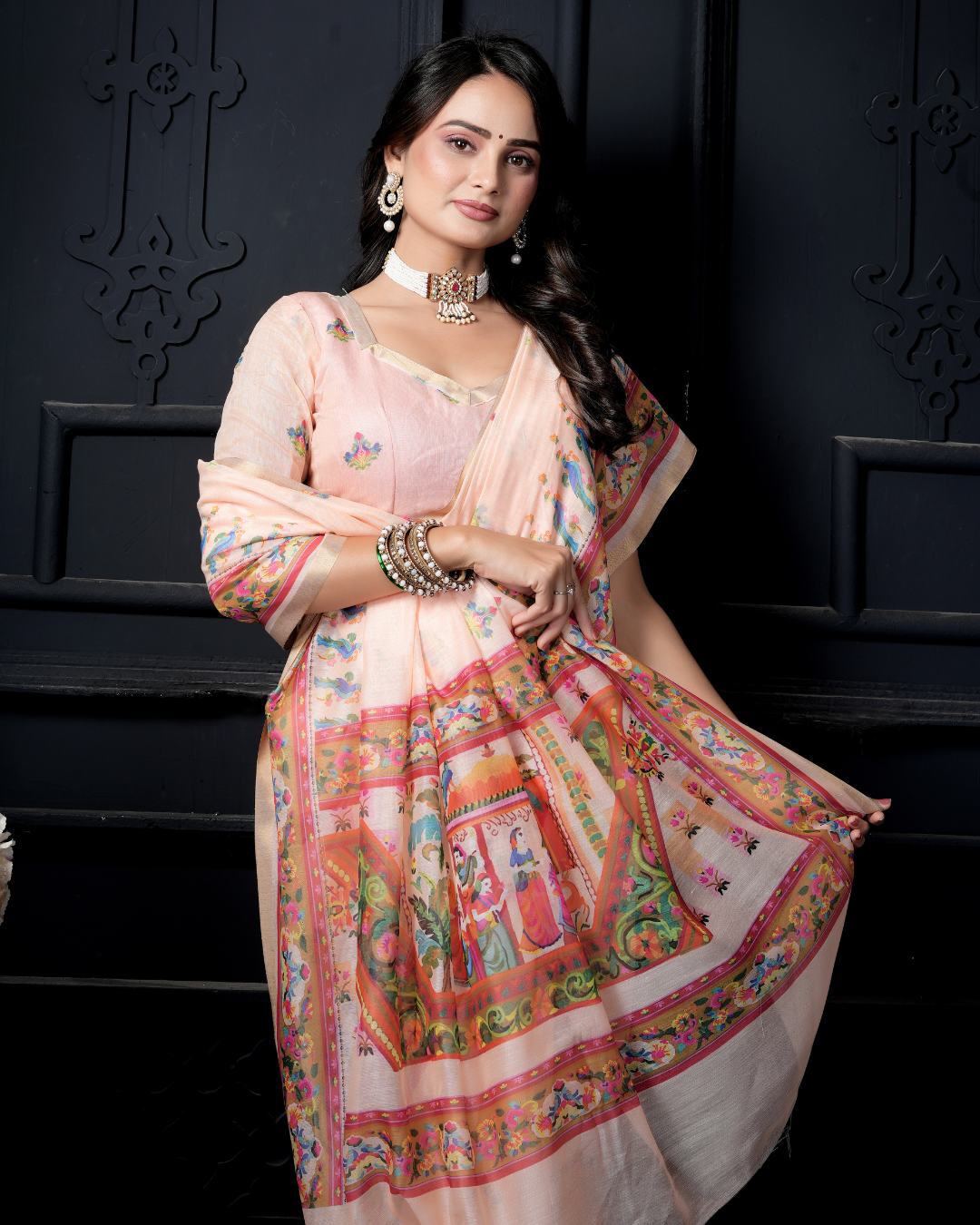 Pastel Peach Pichwai Shrinathji Saree