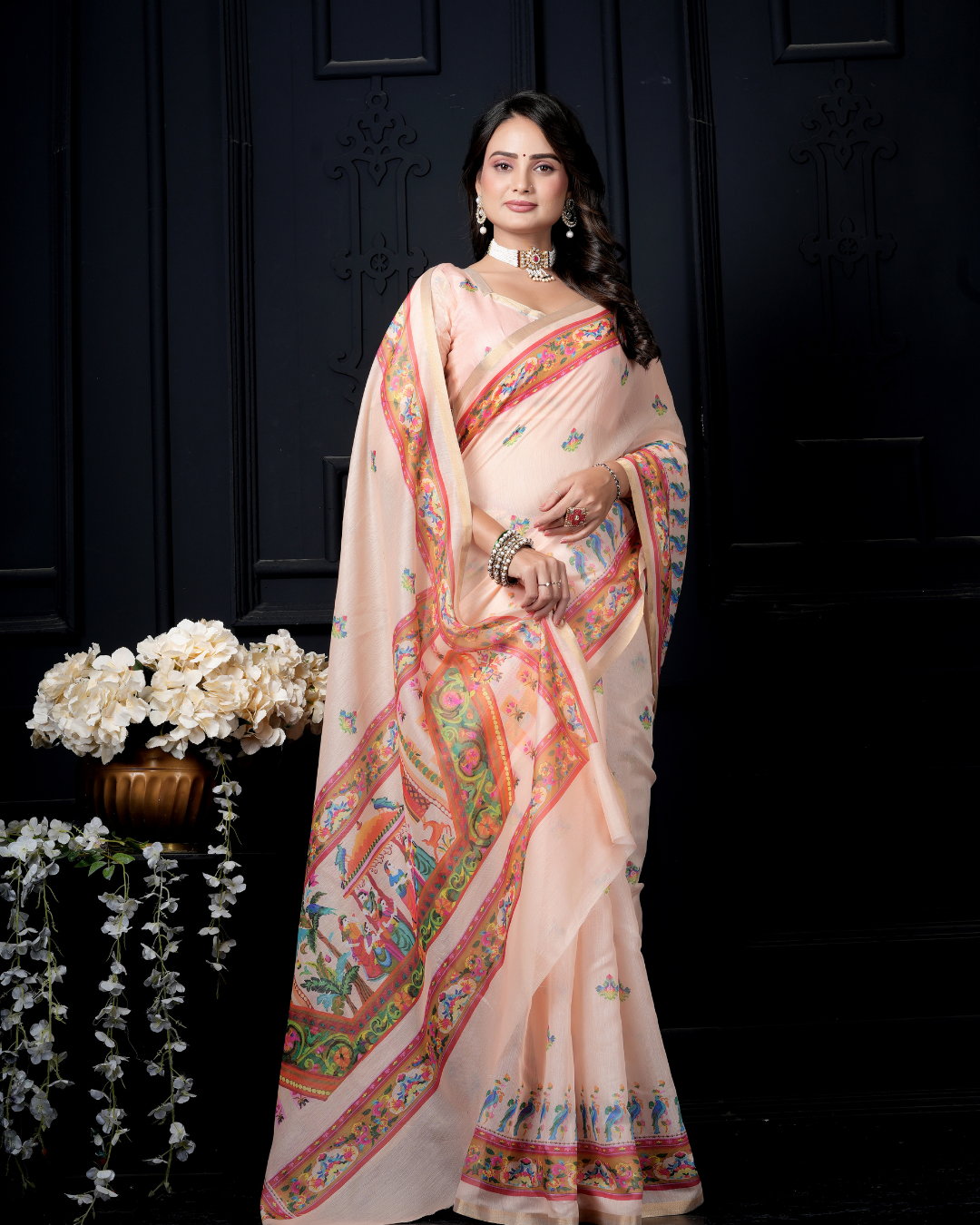Pastel Peach Pichwai Shrinathji Saree