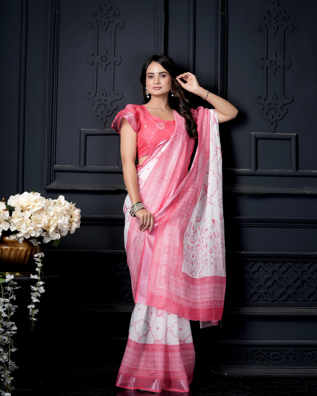 Ivory & Magenta Bandhani Lotus Saree