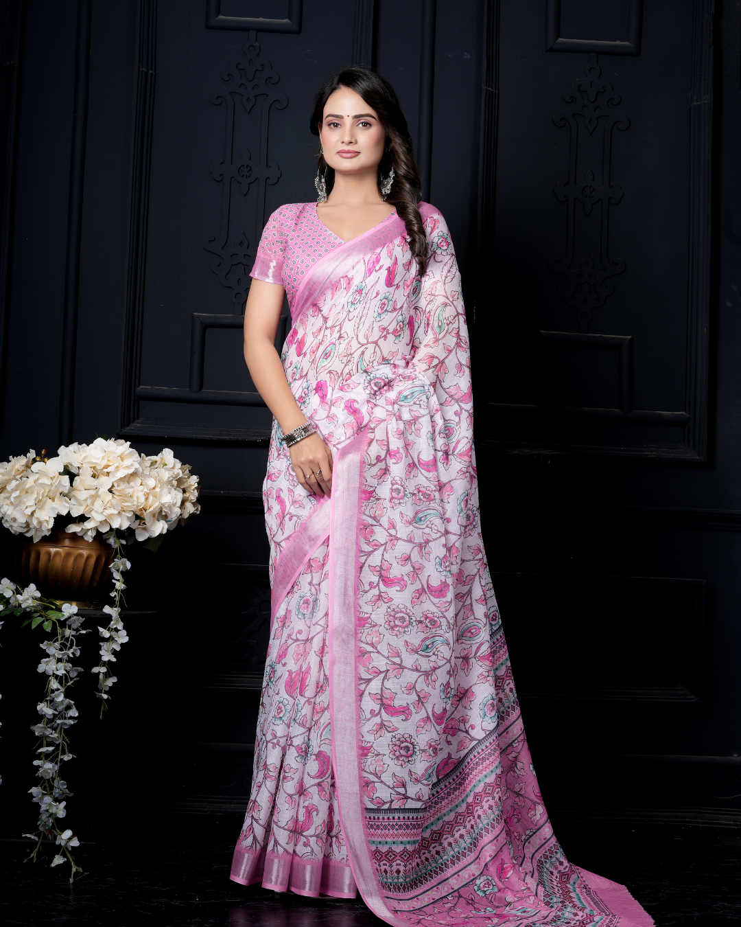 Orchid Pink Meadow Floral Jaal Saree