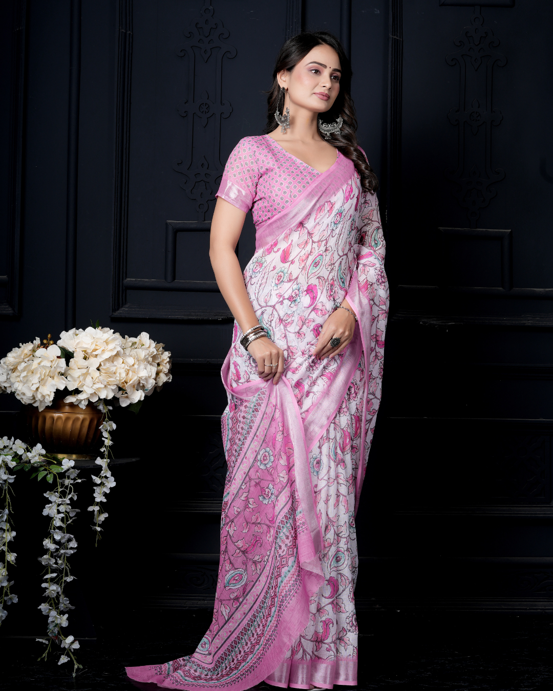 Orchid Pink Meadow Floral Jaal Saree