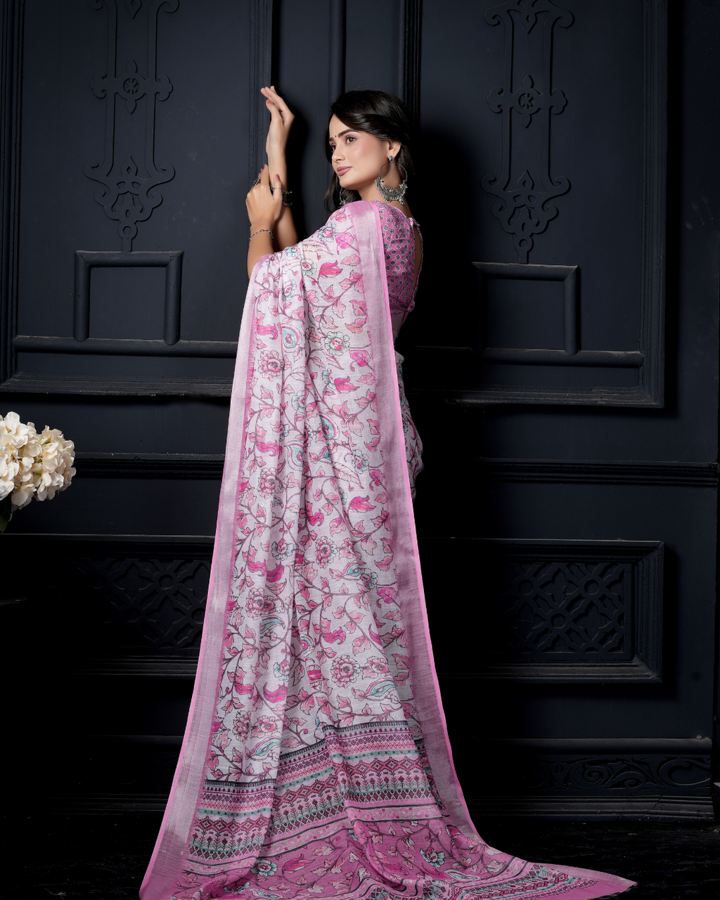 Orchid Pink Meadow Floral Jaal Saree