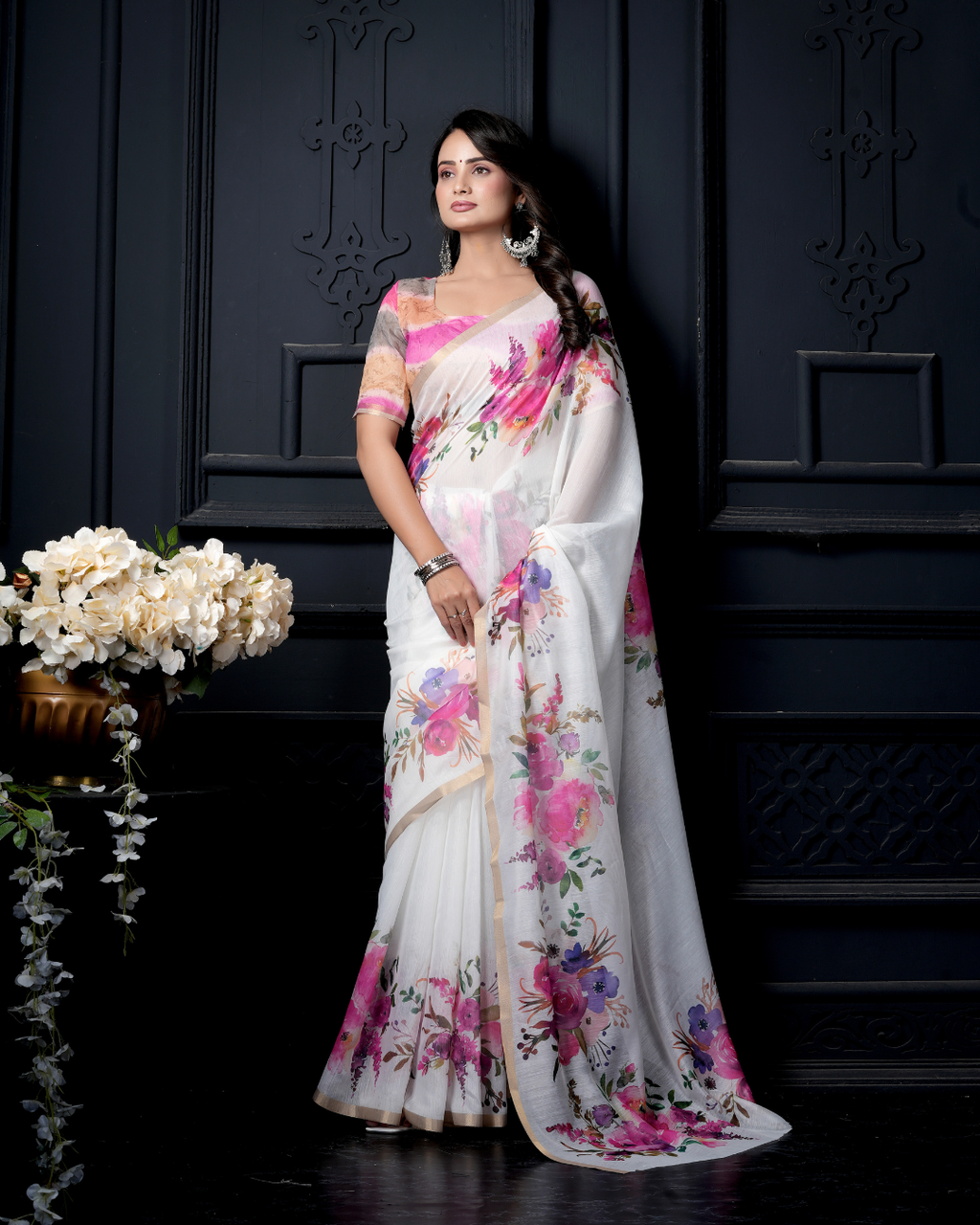 White Watercolor Peony Garden Saree