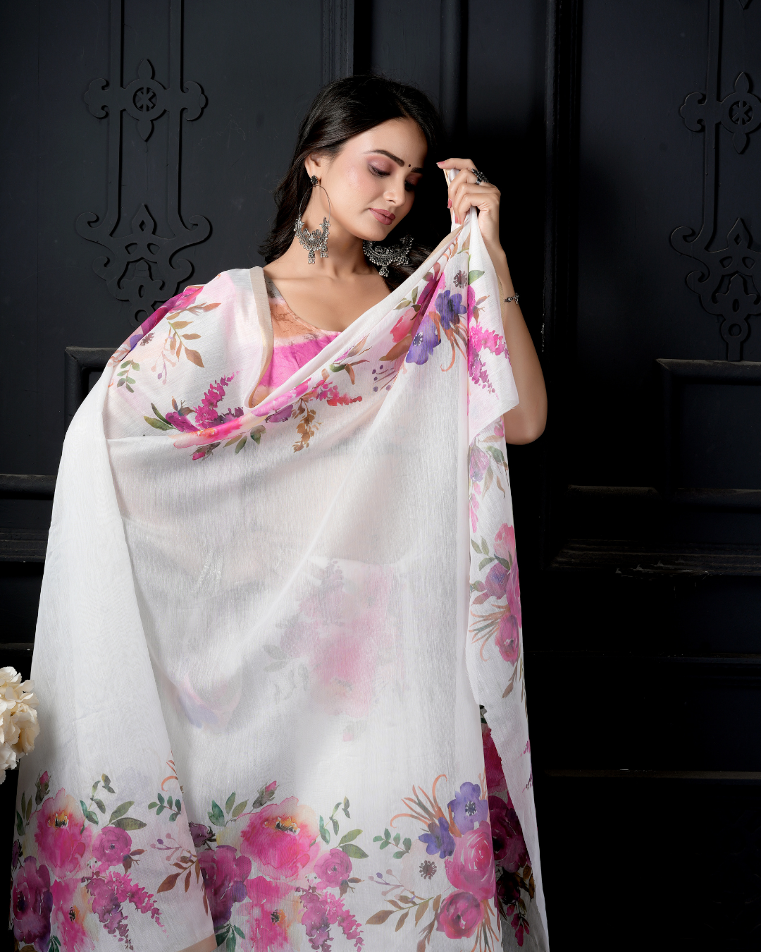 White Watercolor Peony Garden Saree