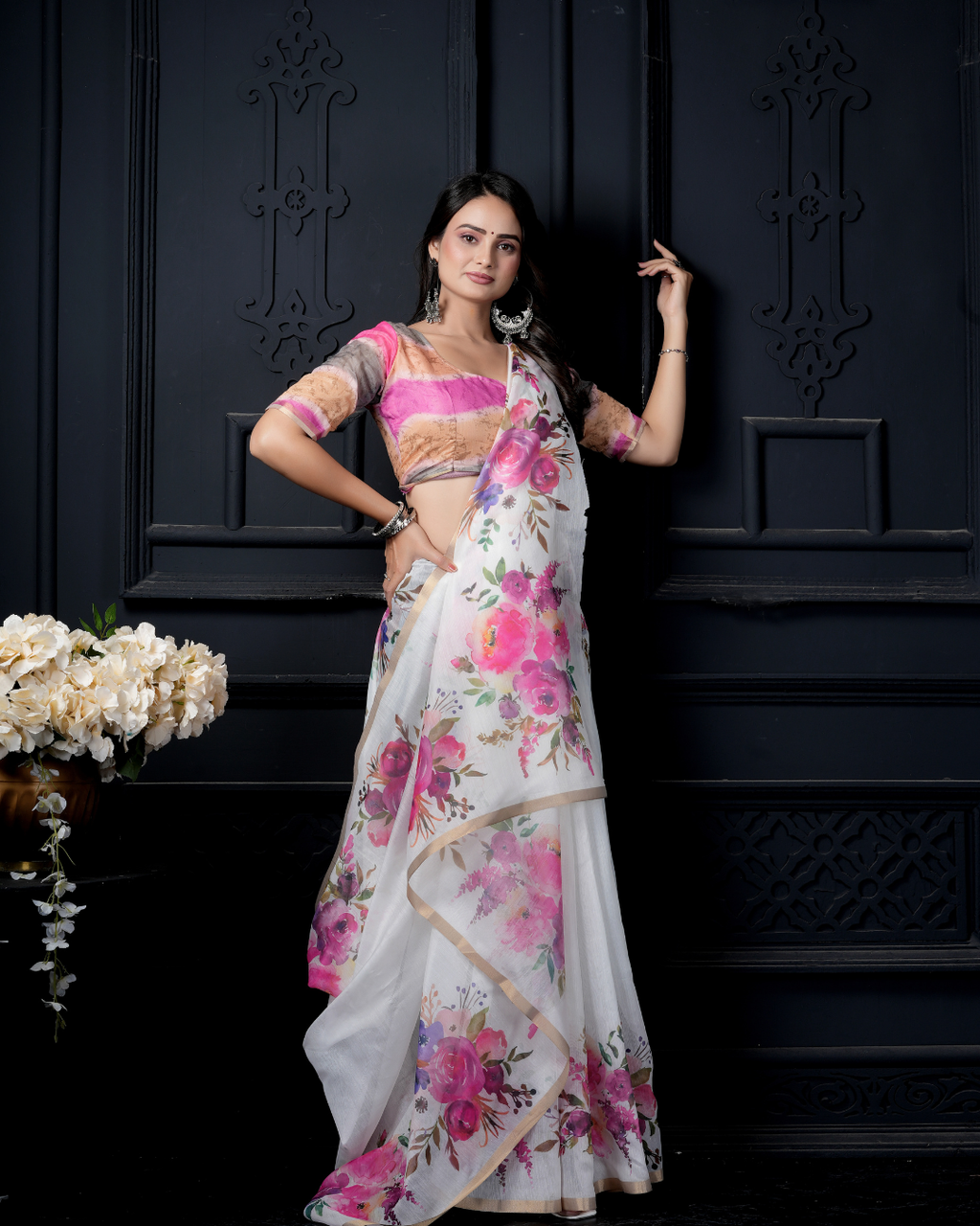 White Watercolor Peony Garden Saree