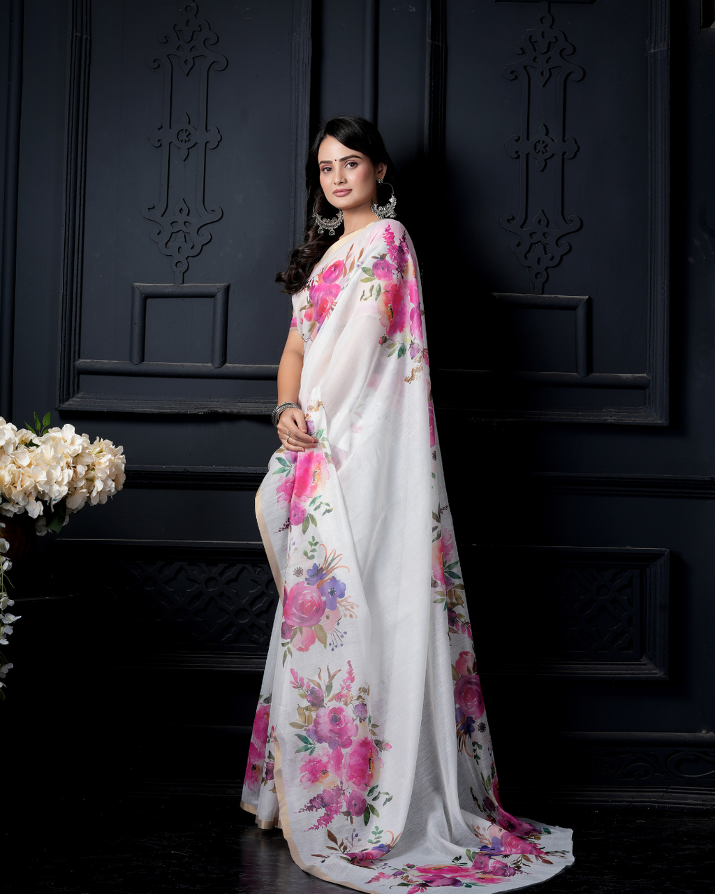 White Watercolor Peony Garden Saree