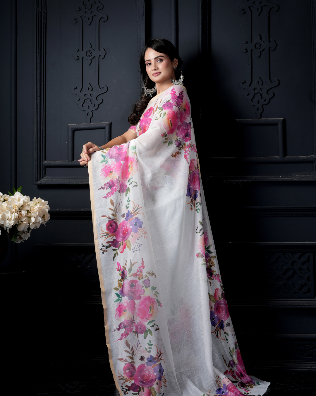 White Watercolor Peony Garden Saree