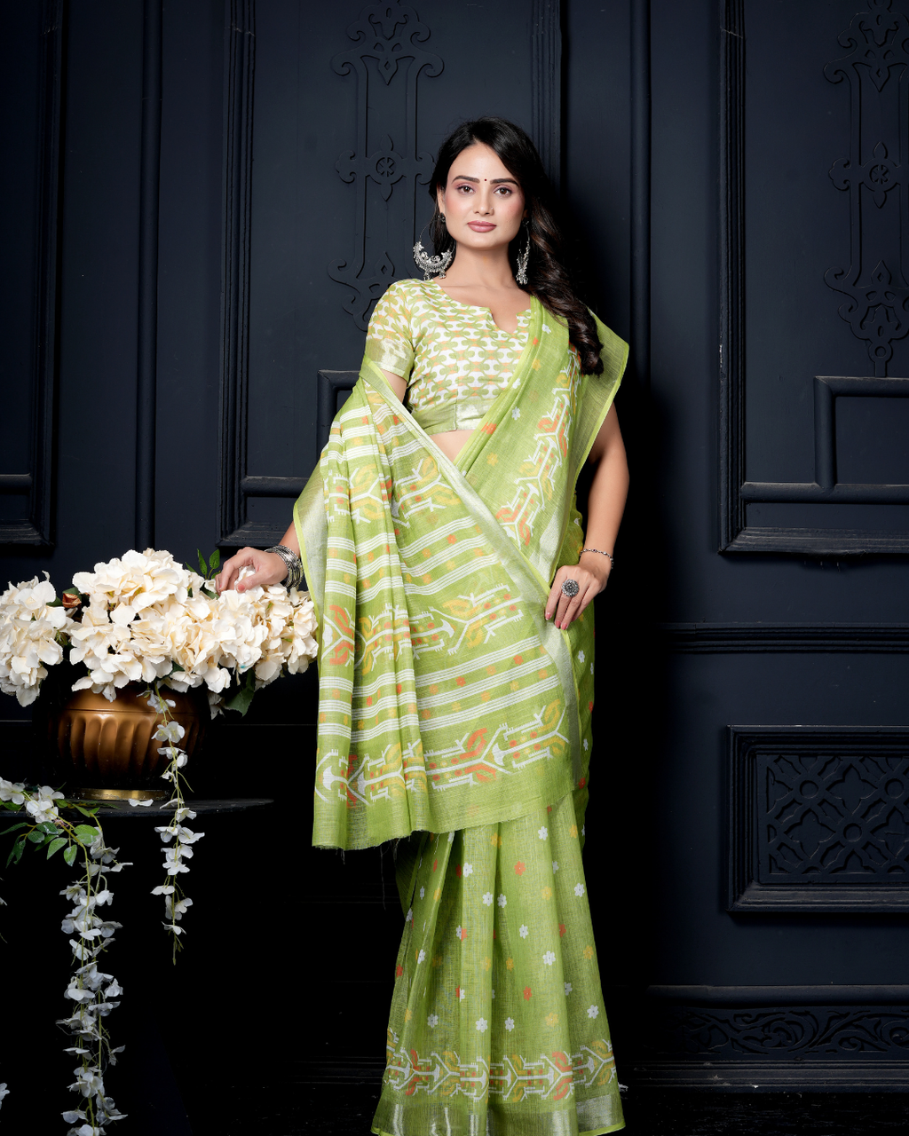Lime Green Geometric Ikat Wave Saree