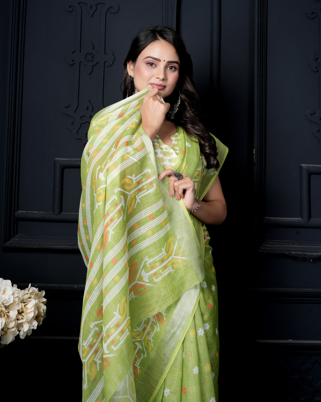Lime Green Geometric Ikat Wave Saree