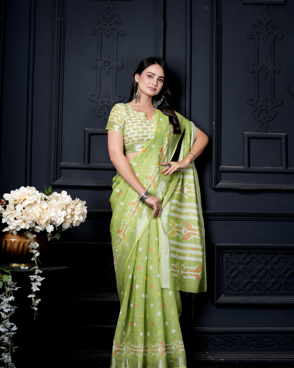 Lime Green Geometric Ikat Wave Saree