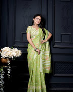 Lime Green Geometric Ikat Wave Saree