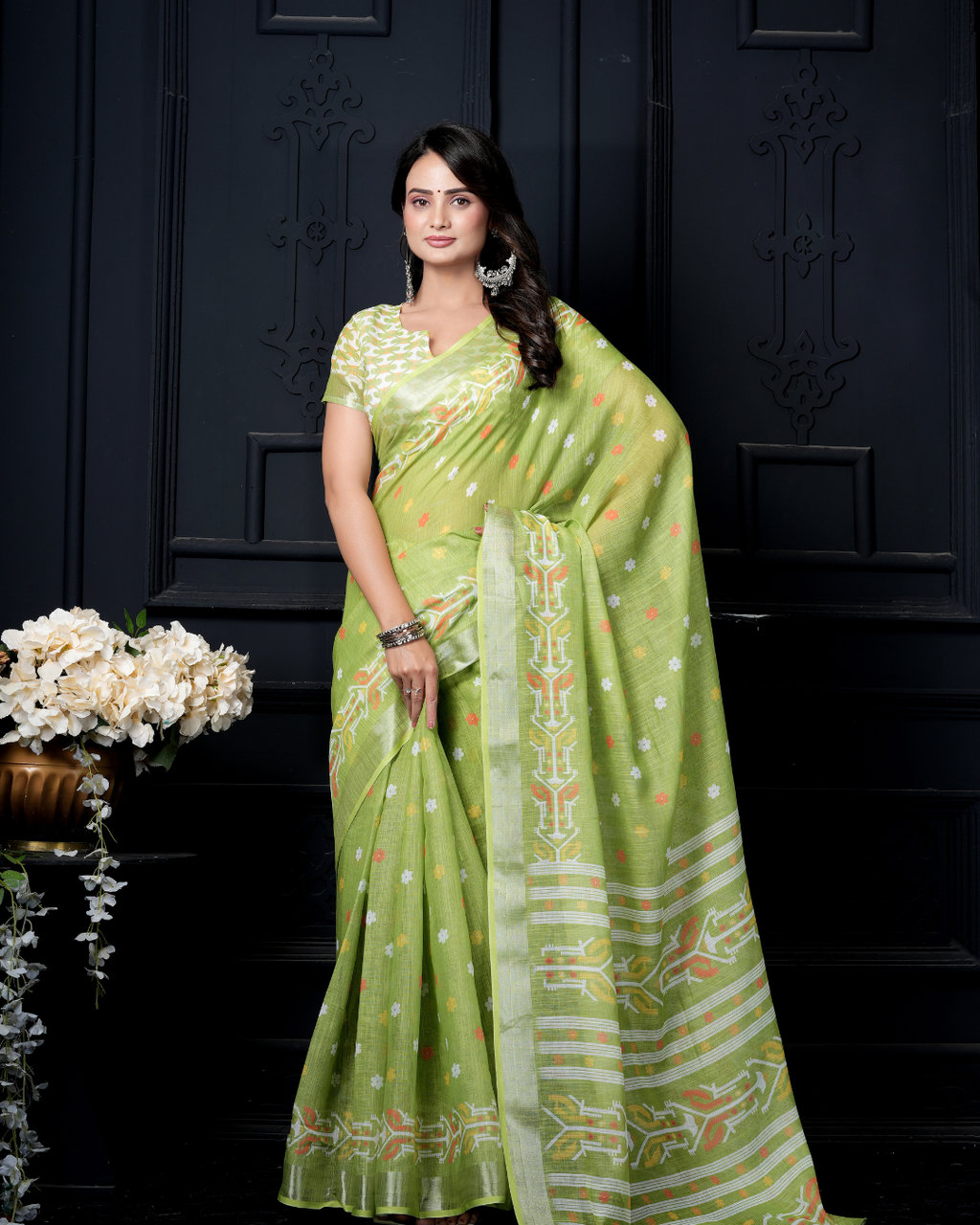 Lime Green Geometric Ikat Wave Saree