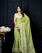 Lime Green Geometric Ikat Wave Saree