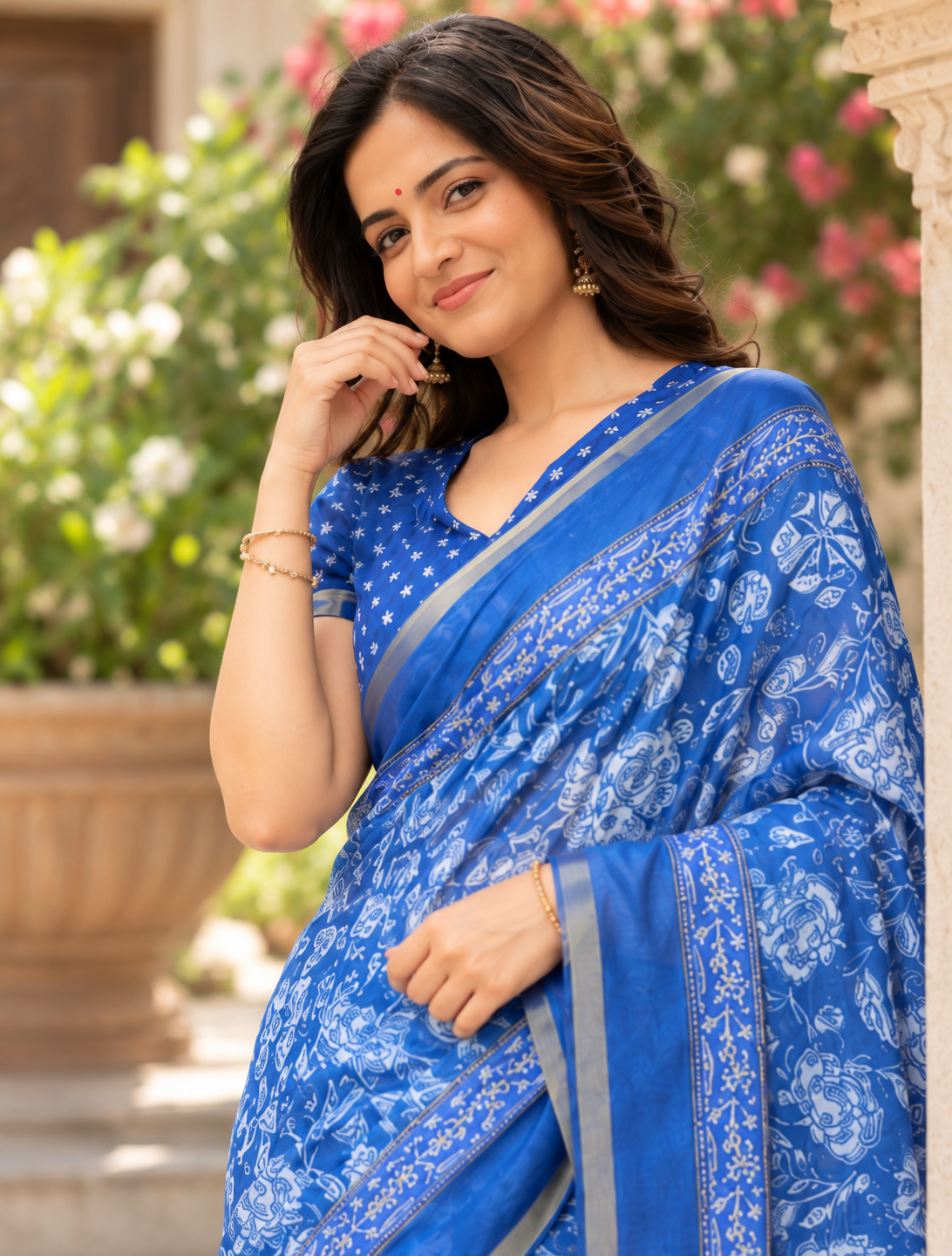Cobalt Blue Traditional Floral Saree
