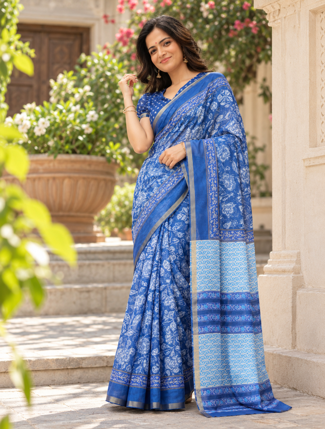 Cobalt Blue Traditional Floral Saree