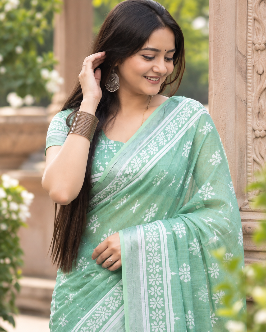 Sage Green Floral Butti Saree