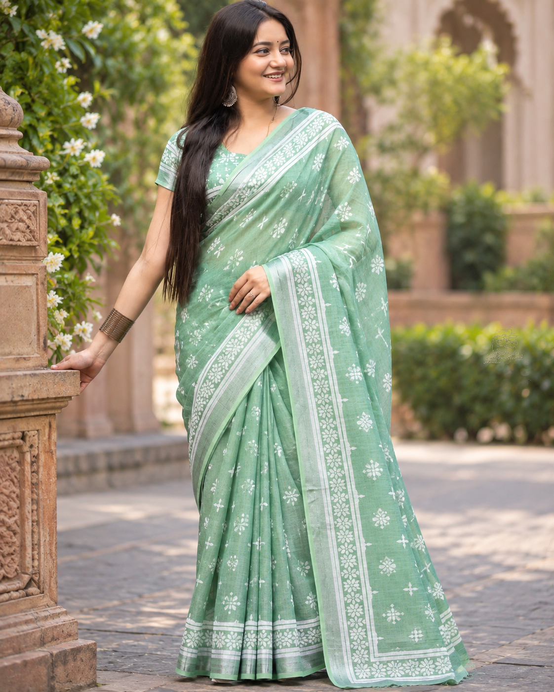 Sage Green Floral Butti Saree