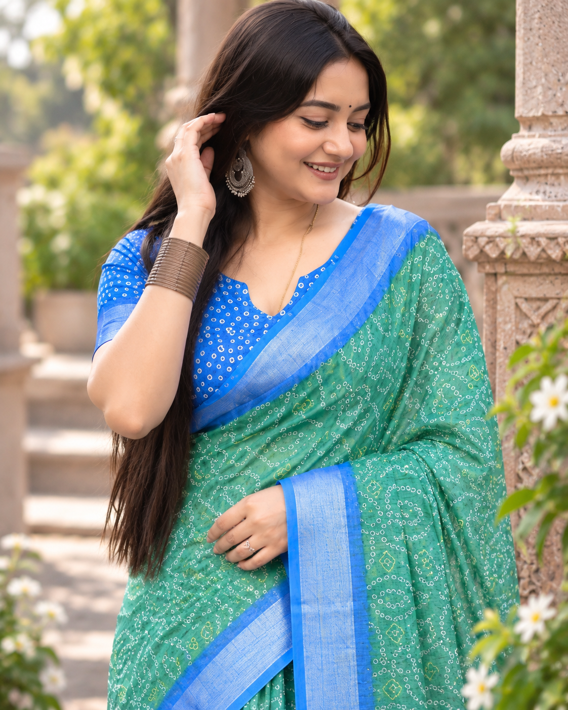 Green Bandhani Dual Tone Saree