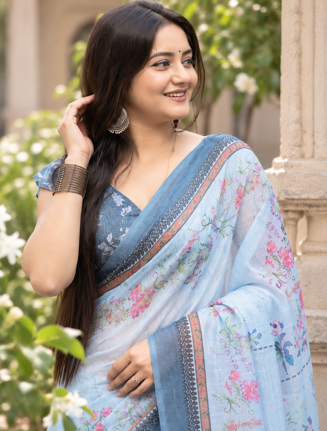 Powder Blue Grid Floral Saree