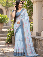 Powder Blue Grid Floral Saree