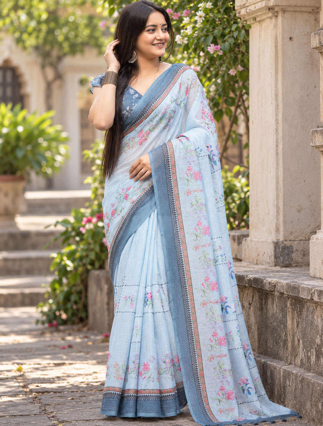 Powder Blue Grid Floral Saree