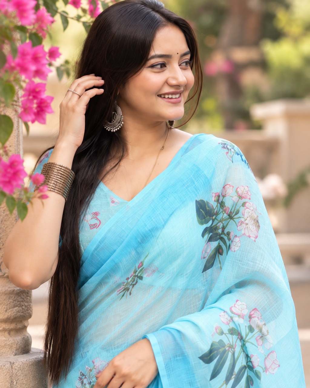 Sky Blue Magnolia Floral Saree