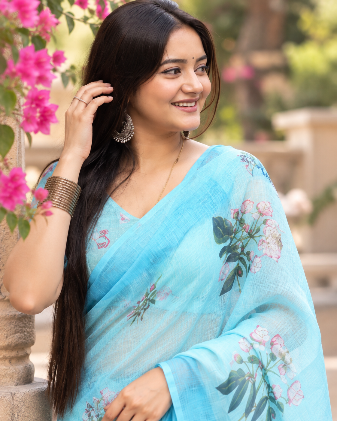 Sky Blue Magnolia Floral Saree