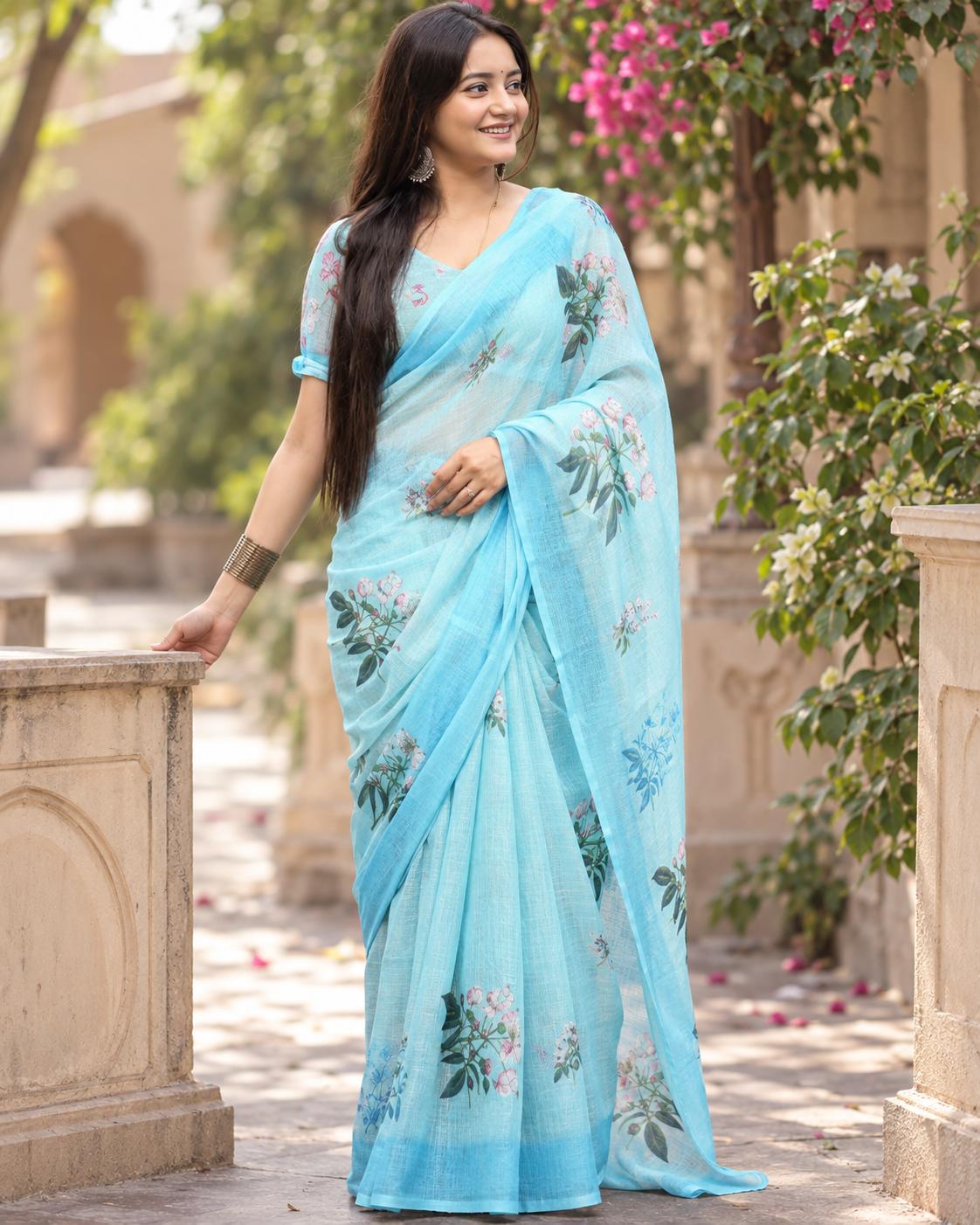 Sky Blue Magnolia Floral Saree
